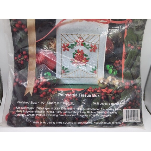 TRUE COLORS Ribbon Embroidery SRK 70010 Poinsettia Tissue Box Beginnner Level - Picture 4 of 5